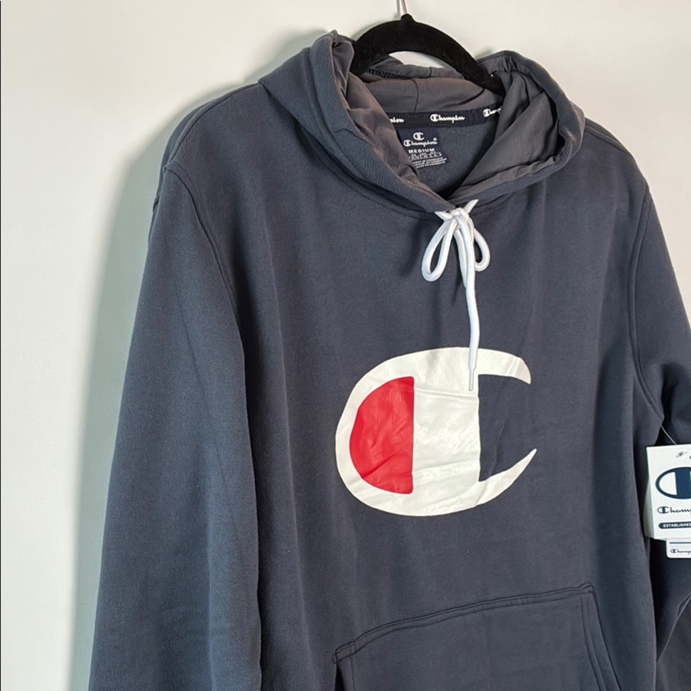 Champion Men's Dark Blue Hoodie with Red and White Logo and Kangaroo Pocket - Picture 6 of 9